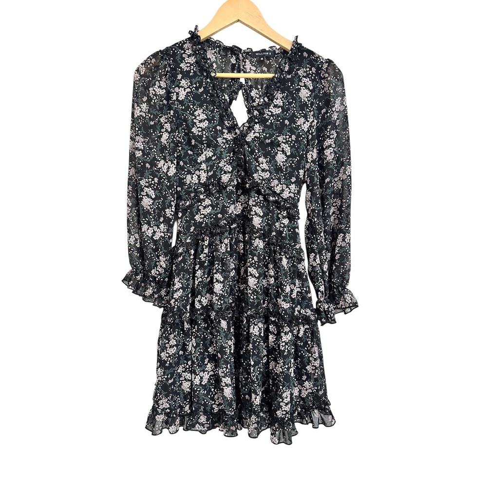 William B women's Black Floral Print Long Sleeve Ruffle Mini Dress Size M‎